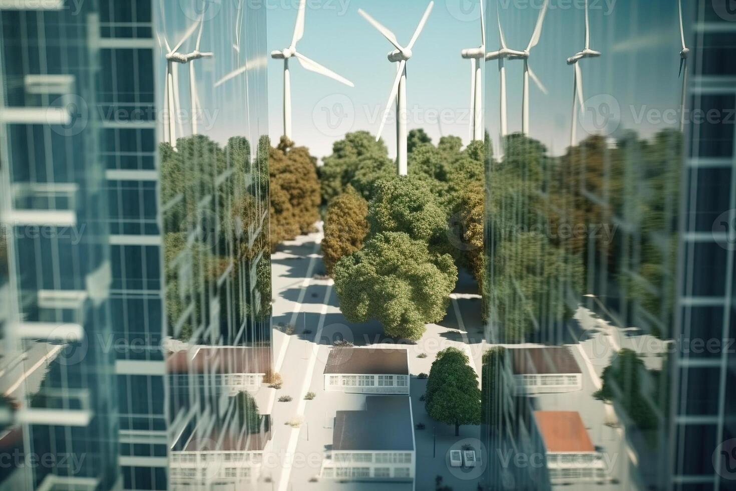 Wind generators among the high mirror city business buildings, rows with the lake. . photo