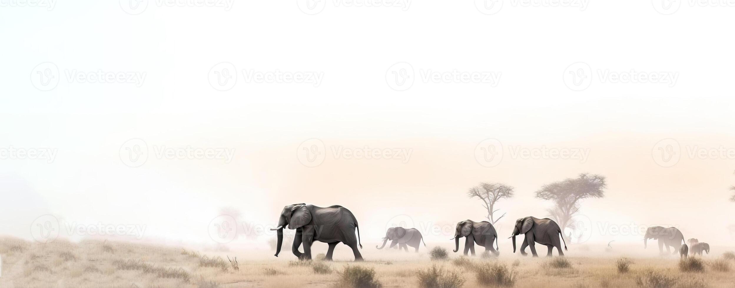 un manada de elefantes camina en el día de África en contra el fondo de un polvoriento paisaje de naturaleza. ai generado. foto