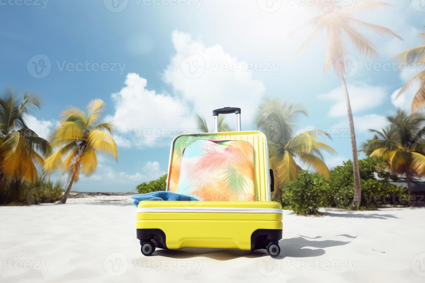 Open yellow suitcase on wheels for tourism, travel on the beach with palm trees. . photo