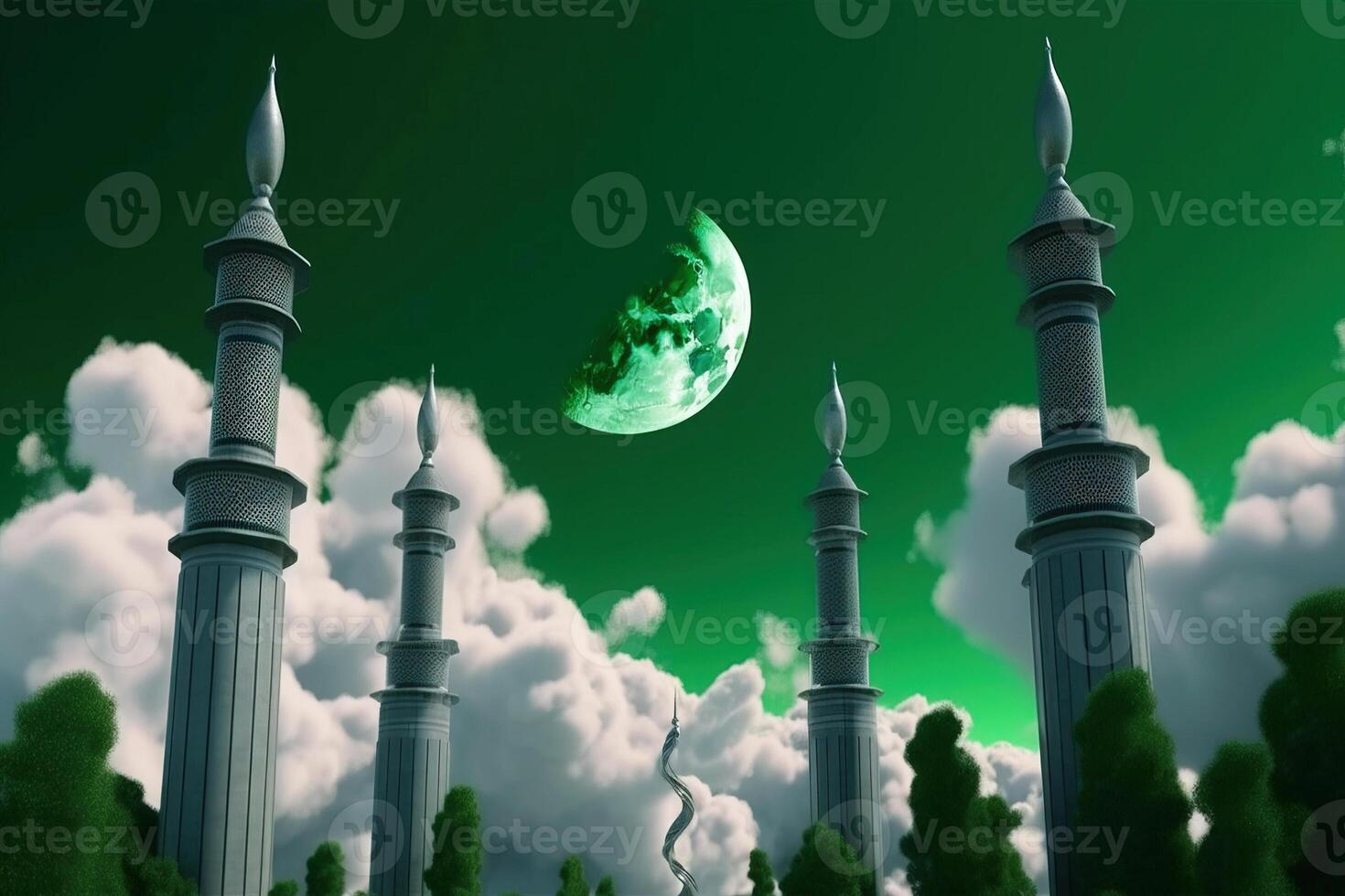 musulmán fiesta ramadán, mezquita en el nubes en el noche de el creciente Luna. ai generado. foto