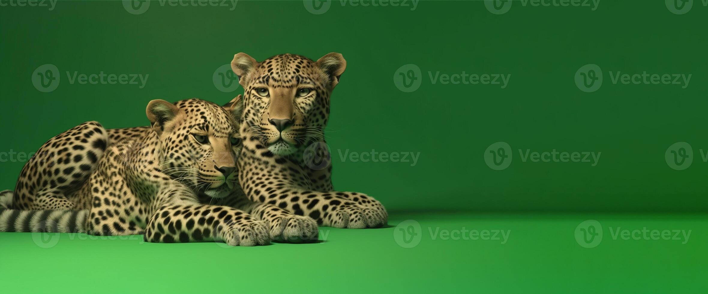Leopards lies on a rest in the day of Africa on a green background. . photo