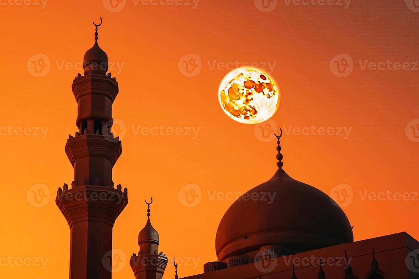 Muslim holiday Ramadan, mosque in the clouds in the night of the crescent moon. . photo