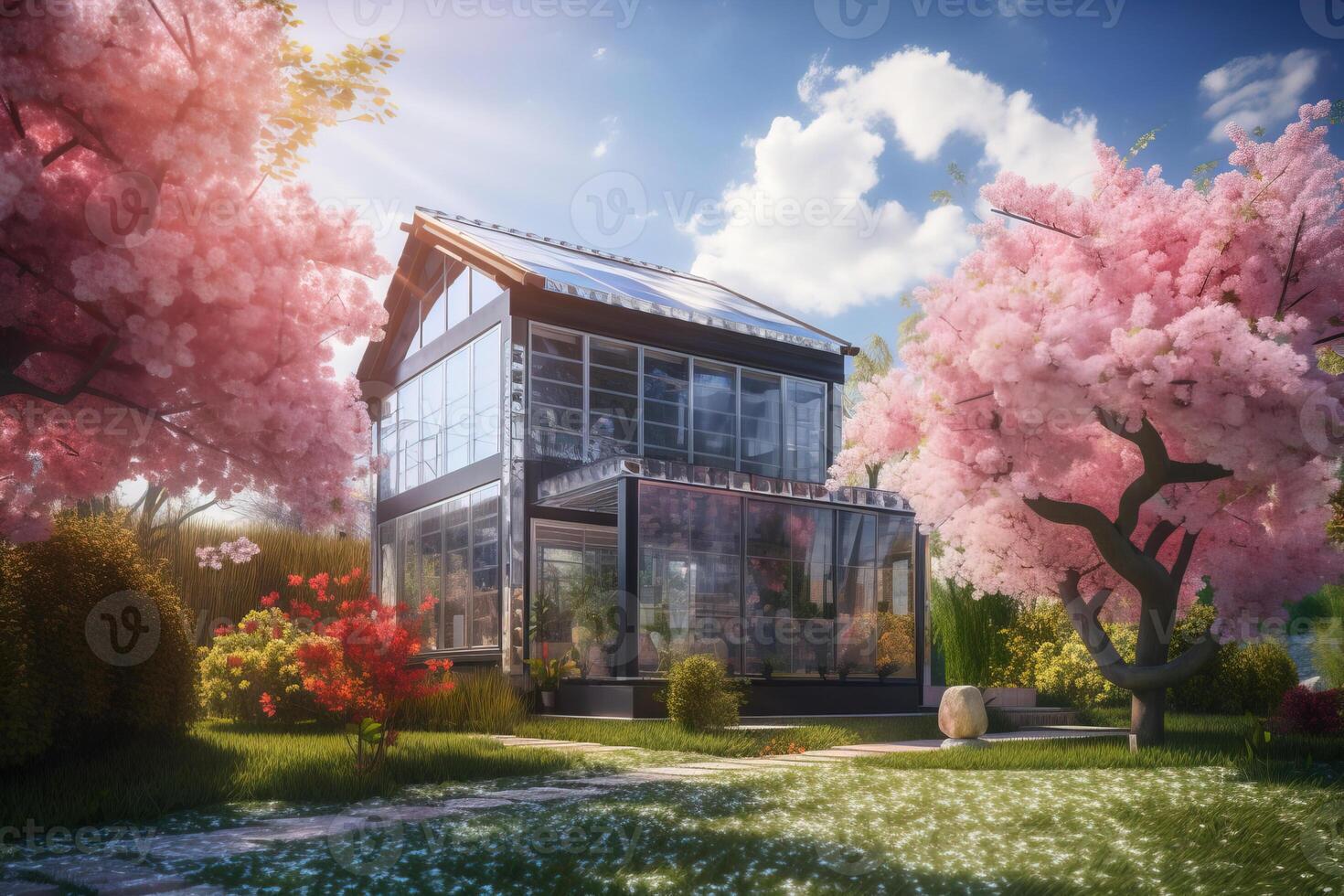 Glass house in a blooming orchard against a blue sky. . photo