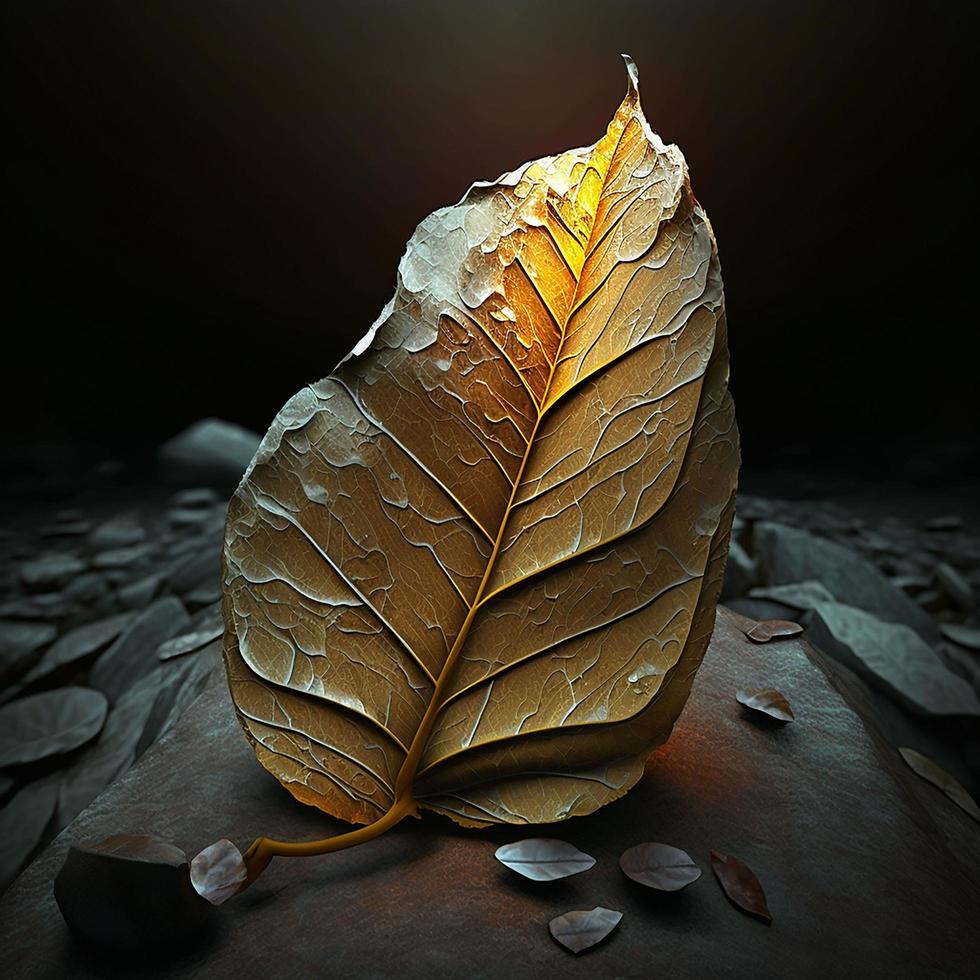 A leaf with stone lighting effect background Ai genareted photo