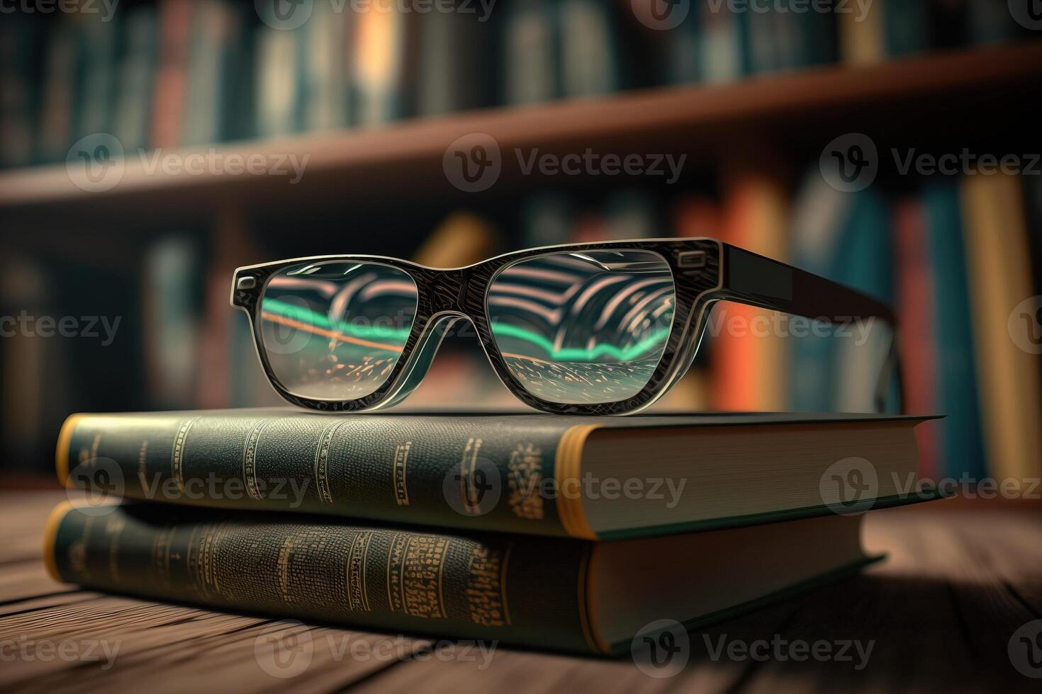 The glasses are on a stack of books on a table in the library. Reading scientific or artistic books. . photo