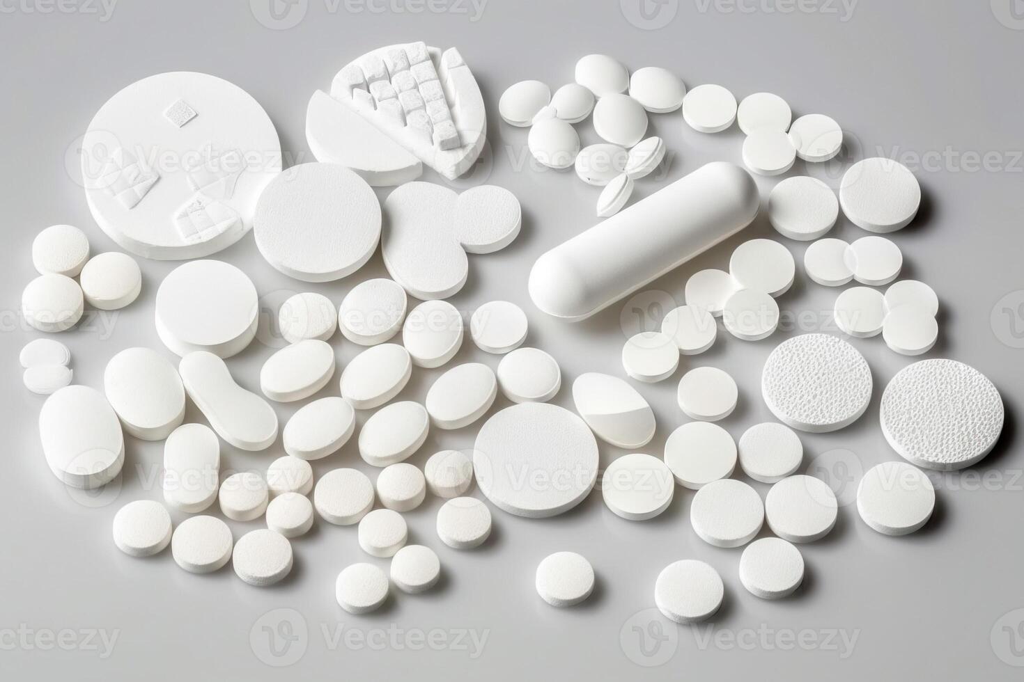 White medical pills in bulk of various shapes on a gray background. Health care, treatment. . photo