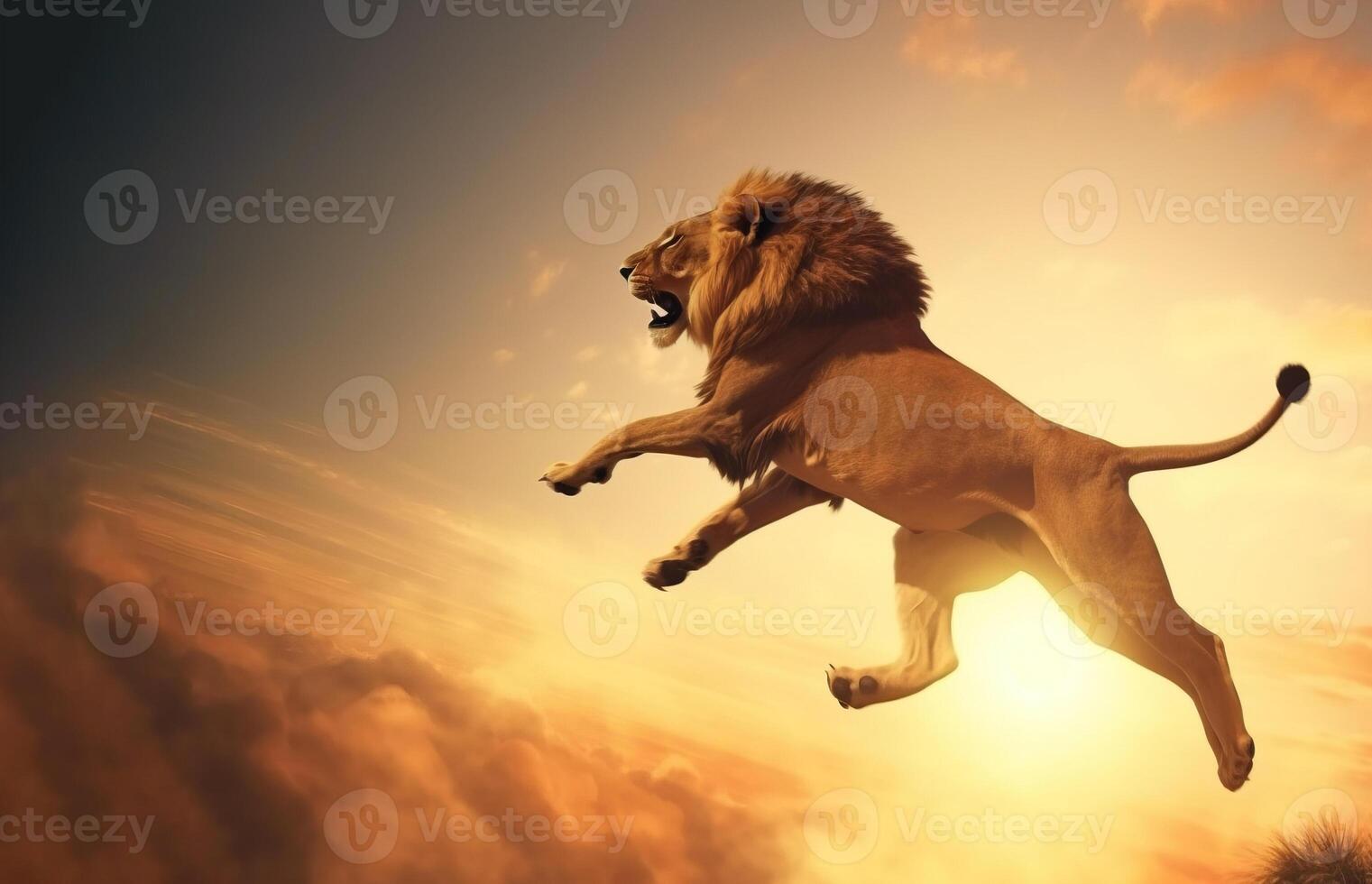 Lion in a coat on Africa Day in nature against the backdrop of the rising sun. . photo