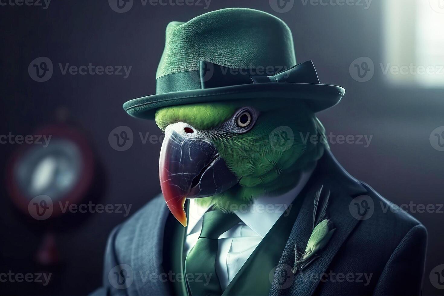 Mr green parrot gentleman in boss hat and scientist. . photo