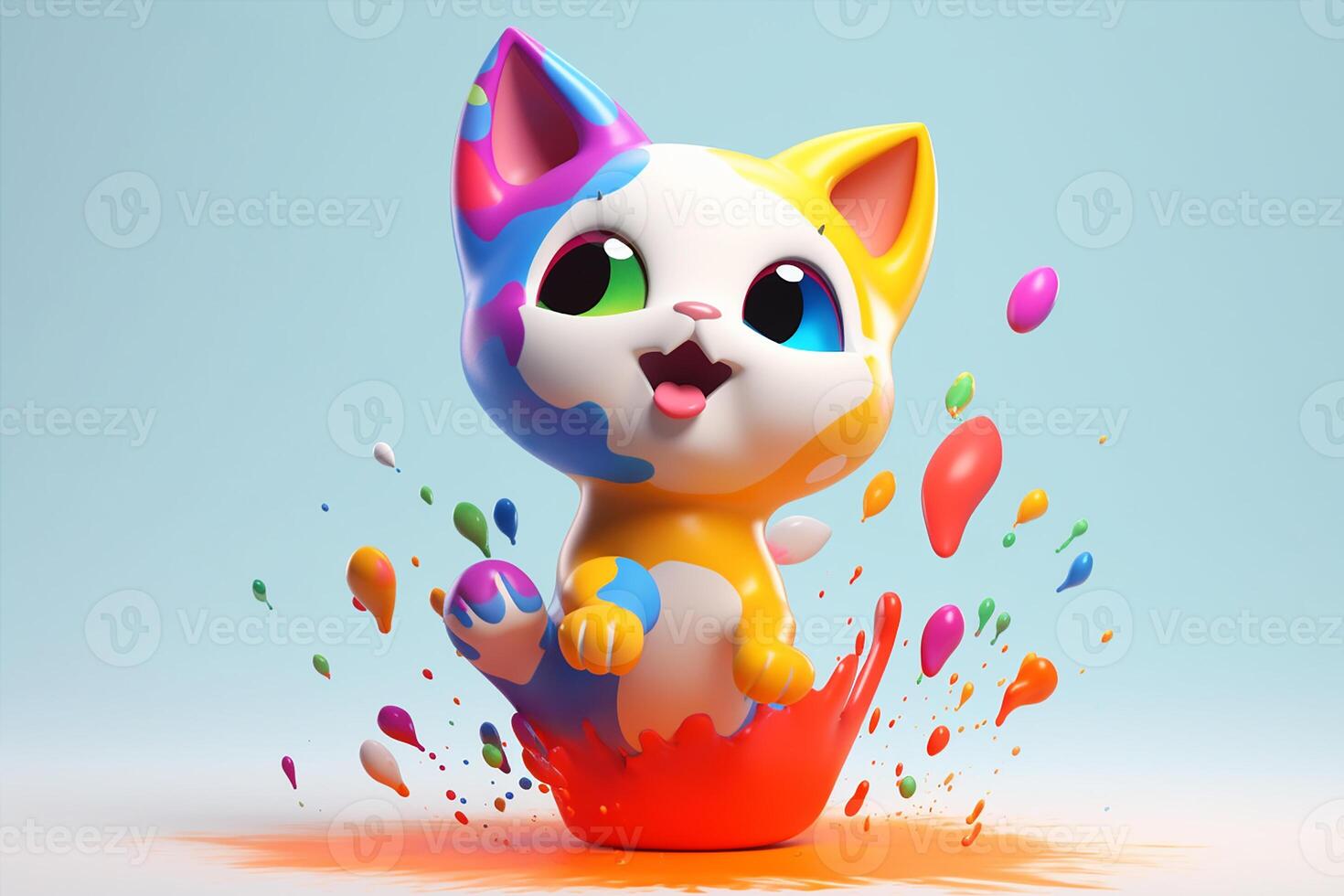 3d kitten playing with colors splash. photo