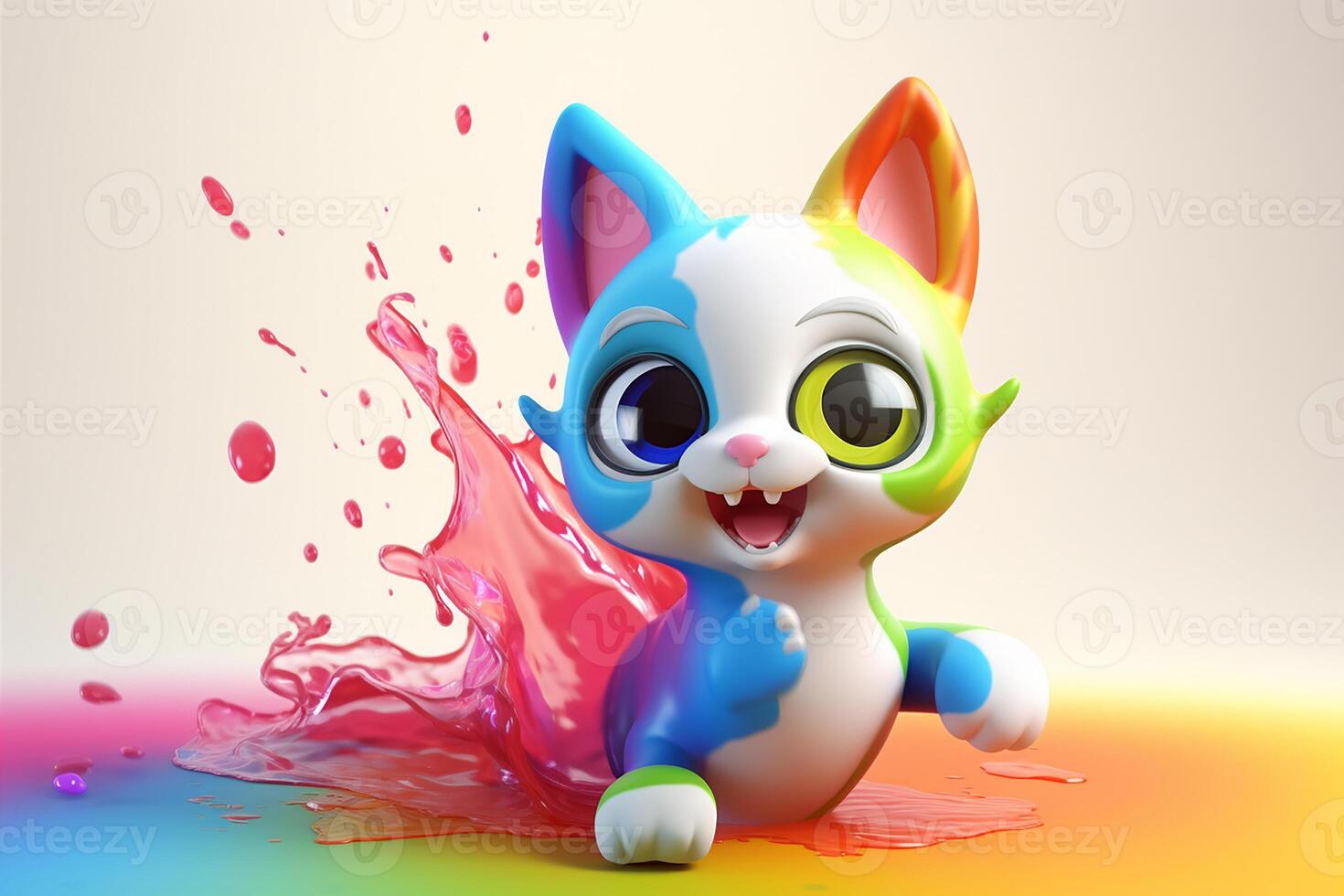 3d kitten playing with colors splash. photo