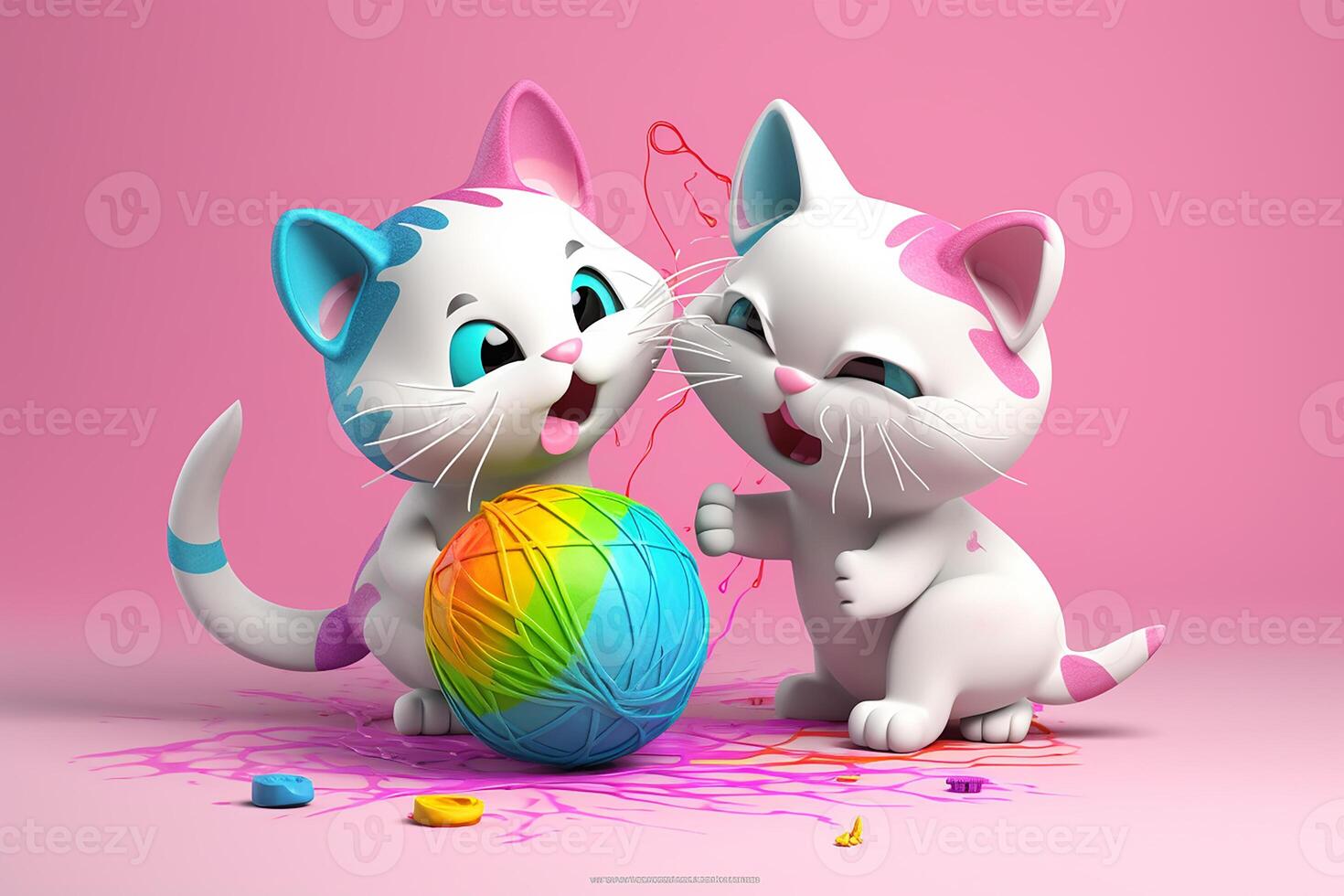 3d two kittens playing yarn ball. photo
