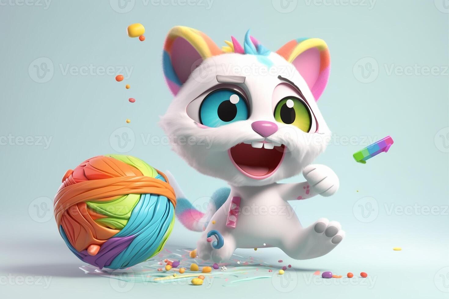 3d kitten playing a yarn ball with colors splash. photo