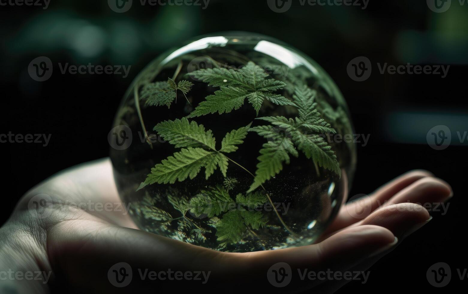 Earthcore Inspired Hand Holding Terrarium Globe, Leaf, Green and Black, Environmental Awareness, Authentic Imagery. photo