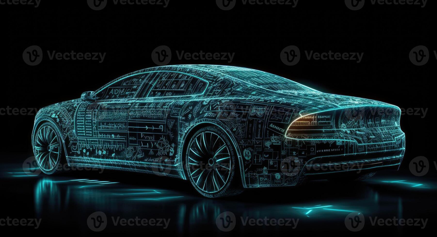 Intricate Light-up Car Engraving, Grid Structures, Dark Aquamarine, Data Visualization, Electric and Wavy Resin Sheets. photo