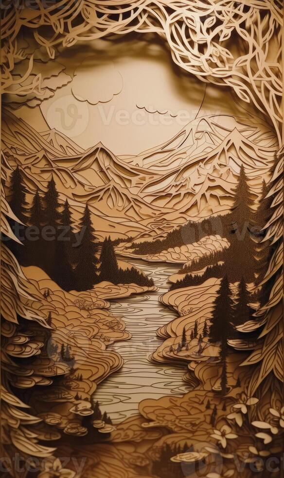 Handcut Paper Art Sculpture, Mountains and Lake, Romantic Moonlit Seascapes, Cabincore, Whistlerian, Nature based Patterns. photo