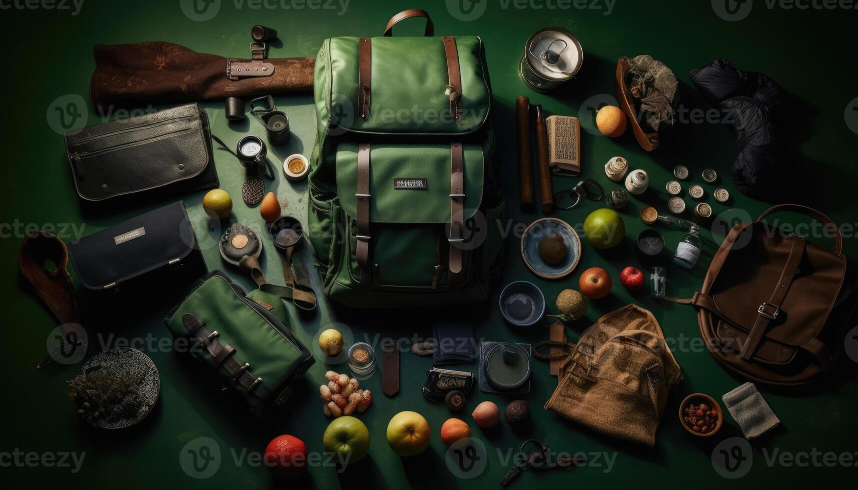 Engaging Knolling Image, Backpacks and Essentials, Green Background, Tintype Photography, Adventure Theme, Functionality. photo