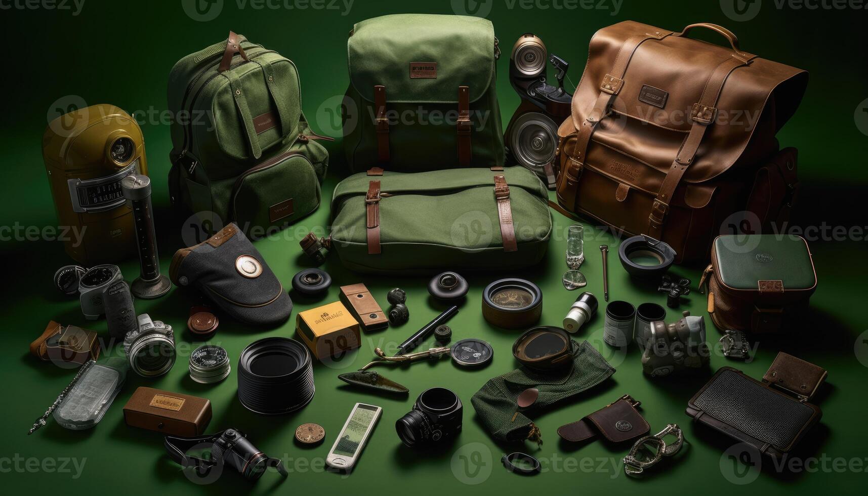 Engaging Knolling Image, Backpacks and Essentials, Green Background, Tintype Photography, Adventure Theme, Functionality. photo