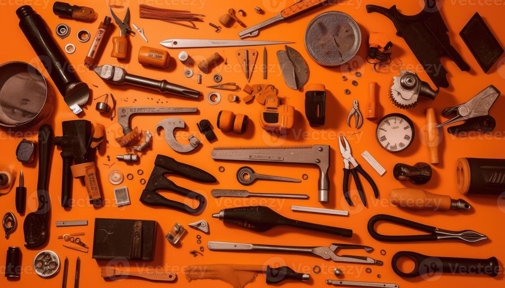 Striking Knolling Image, Work Tools Organized, Vibrant Orange Background. photo