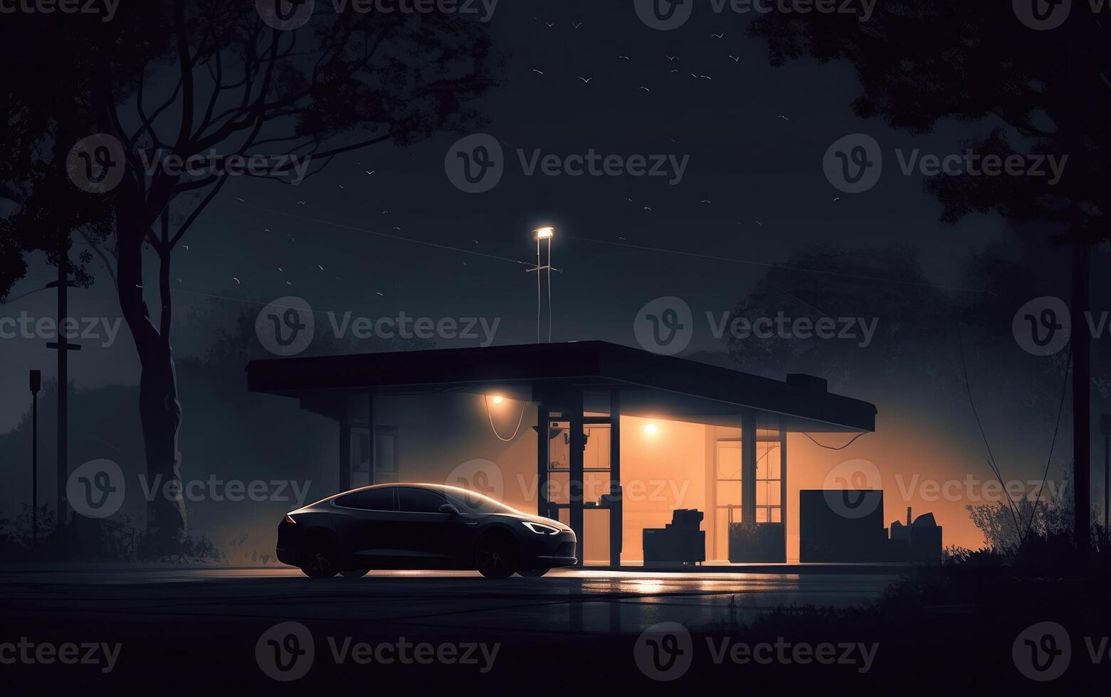 Dark Palette Inspiring Vehicle Charging at Electric Station, Industrial Design, Silhouette Lighting, Realistic. photo