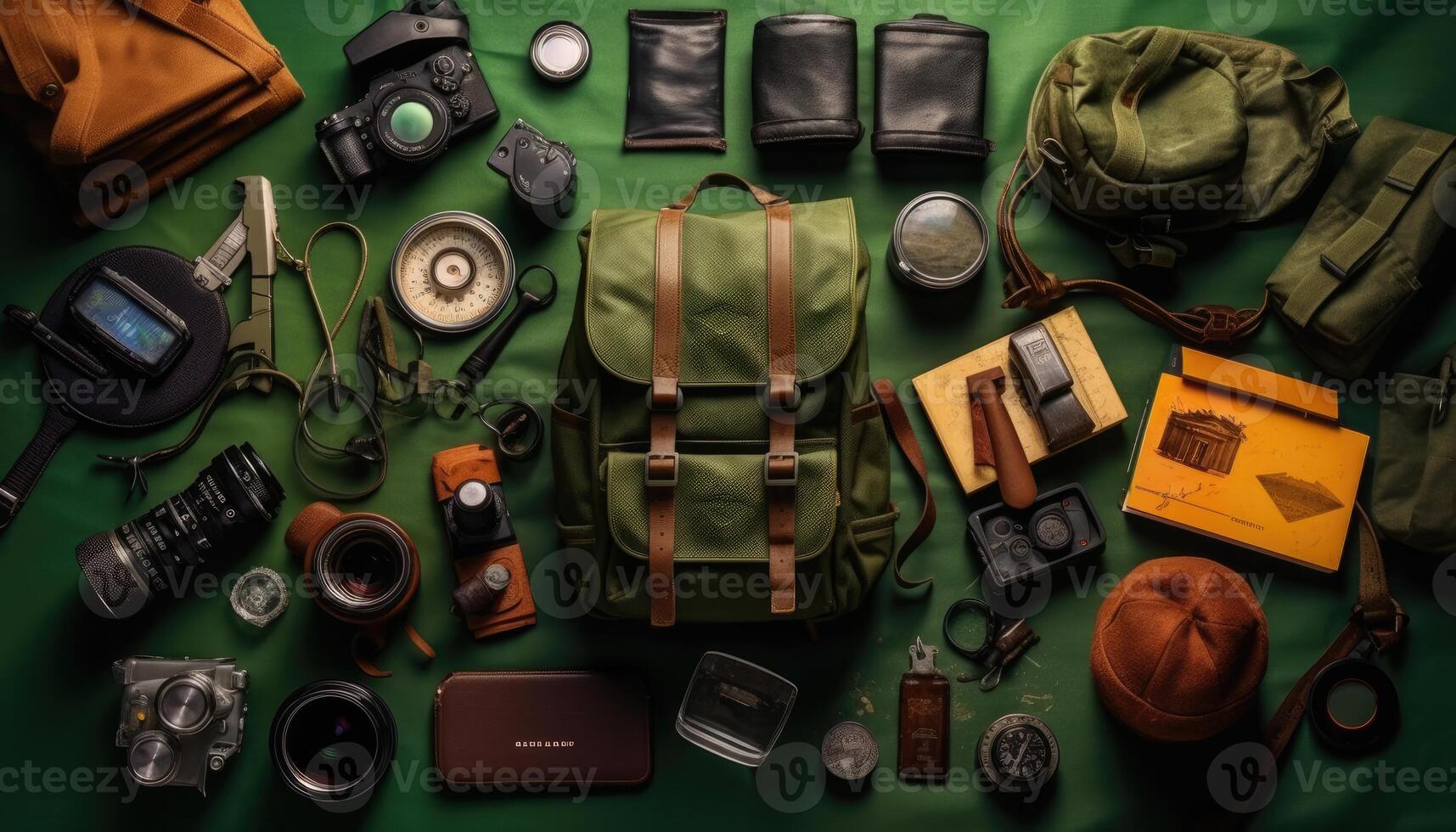 atractivo knolling imagen, mochilas y esenciales, verde fondo, ferrotipo fotografía, aventuras tema, funcionalidad. generativo ai foto