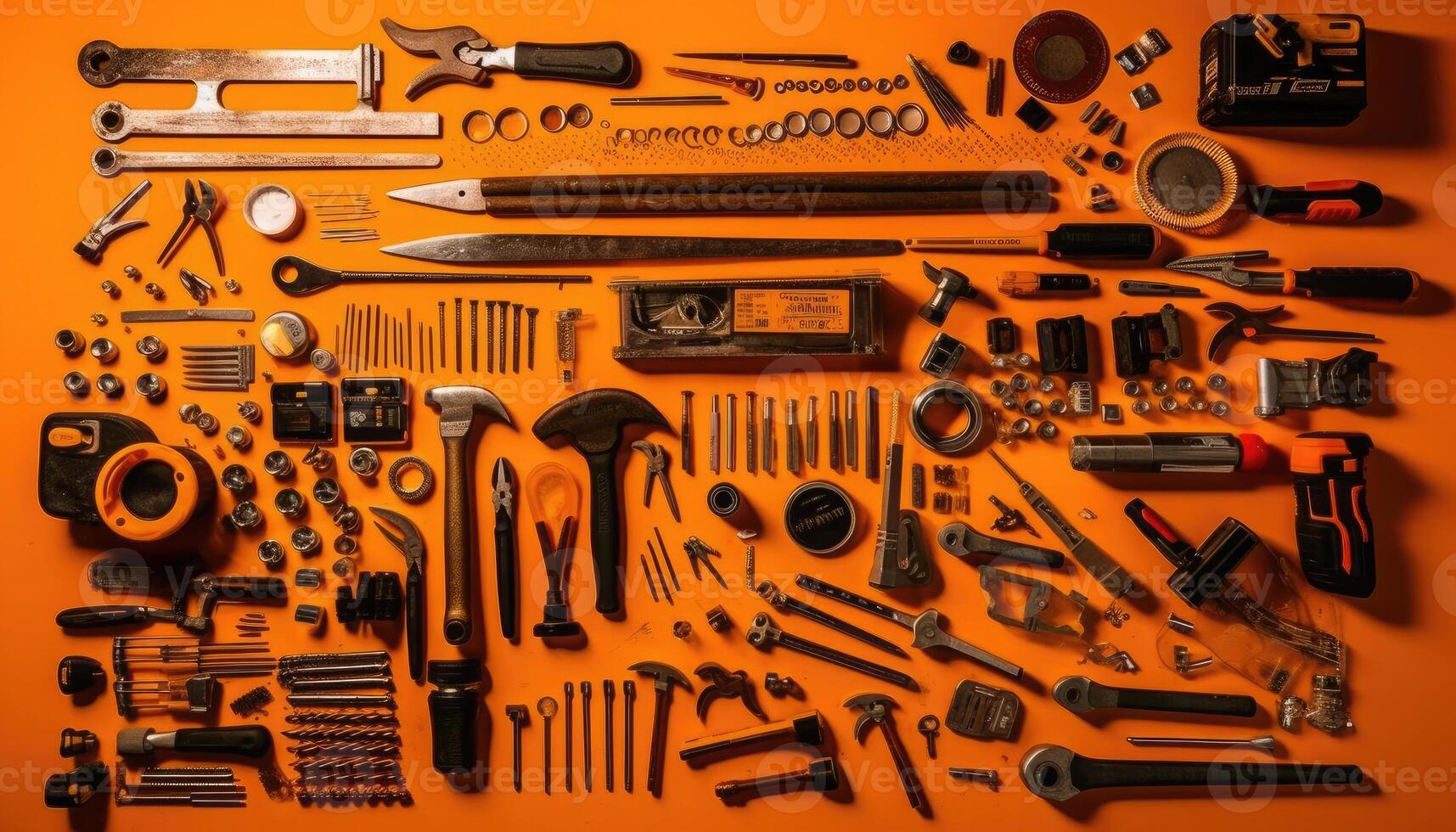 Striking Knolling Image, Work Tools Organized, Vibrant Orange Background. photo