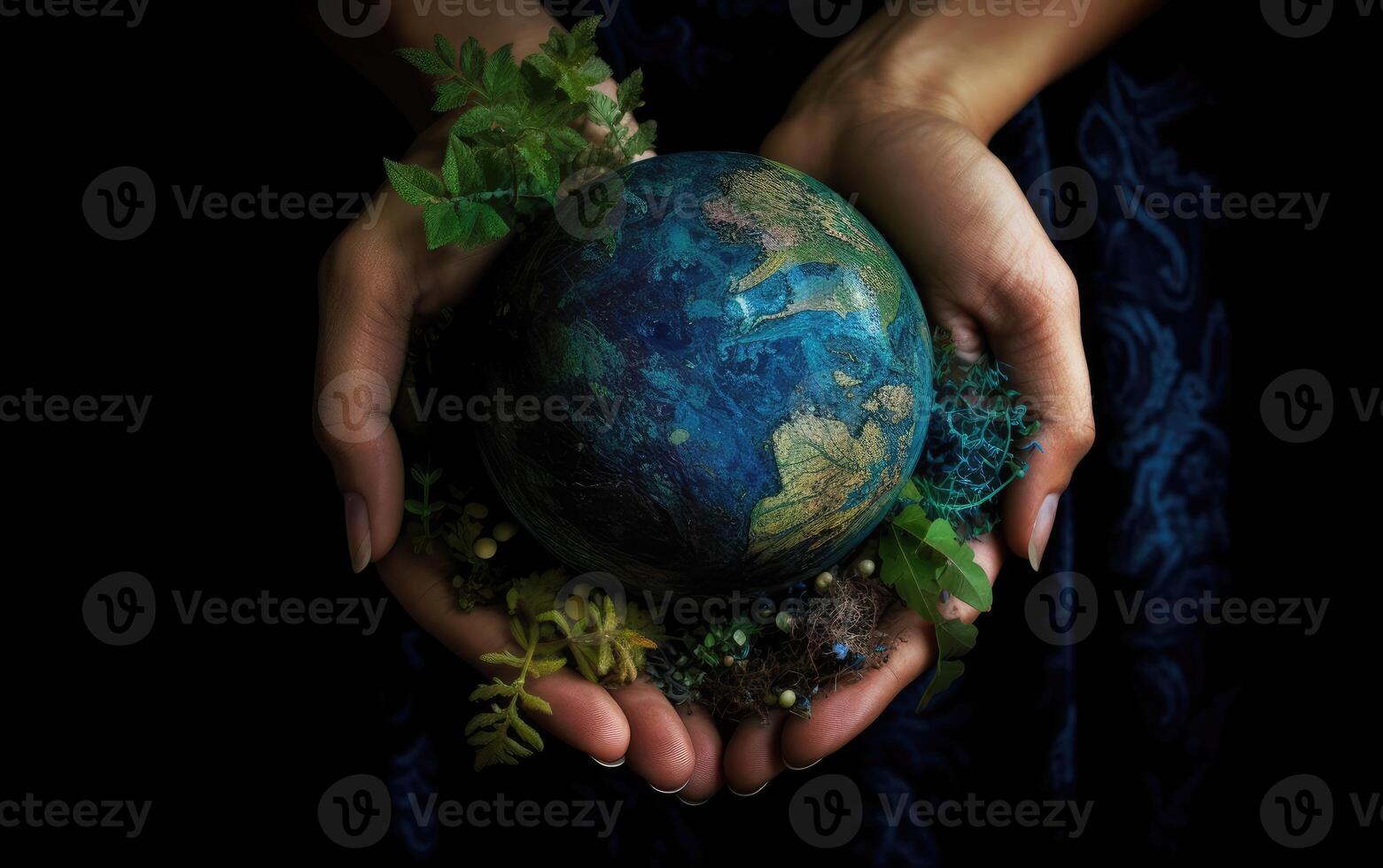 Hands holding earth globe with green leaf on black background, Save the Earth concept. photo