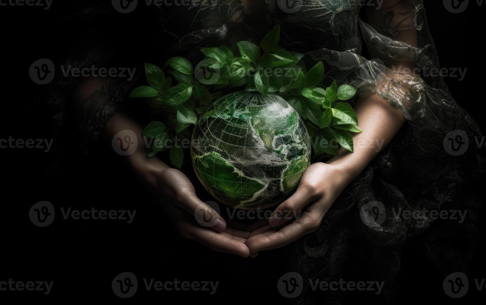 manos participación tierra globo con verde hoja en negro fondo, salvar el tierra concepto. generativo ai foto