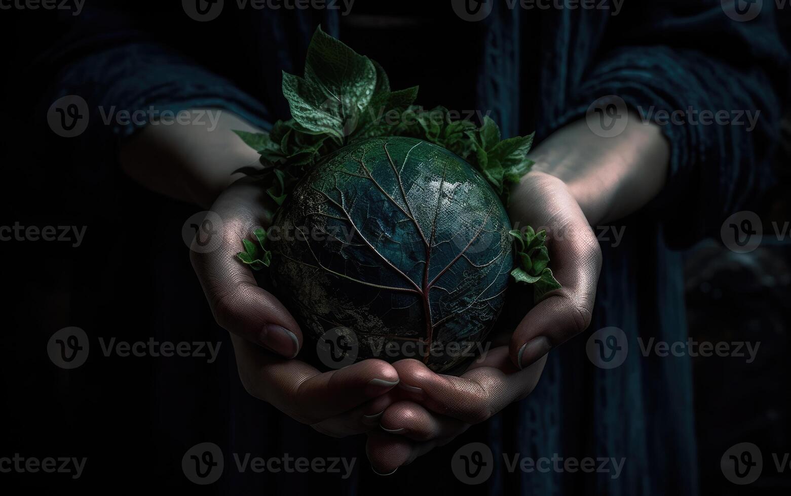 manos participación tierra globo con verde hoja en negro fondo, salvar el tierra concepto. generativo ai foto