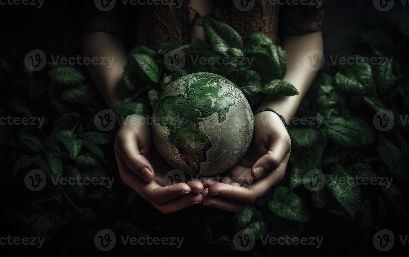 Hands holding earth globe with green leaf on black background, Save the Earth concept. photo