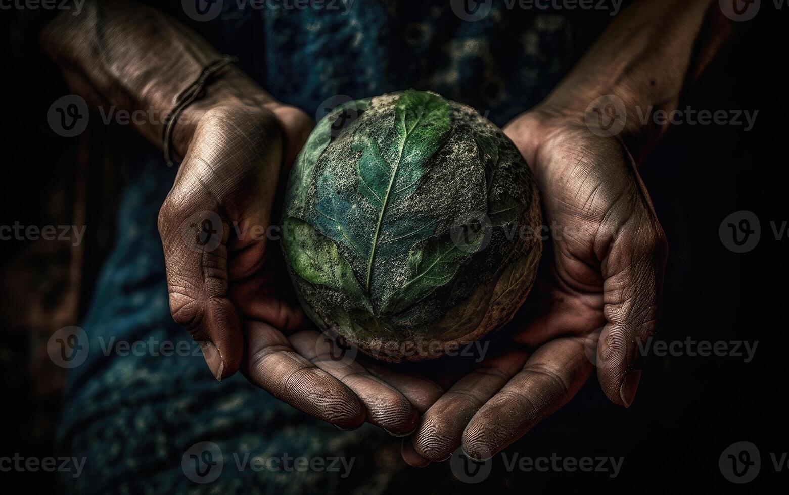 Hands holding earth globe with green leaf on black background, Save the Earth concept. photo