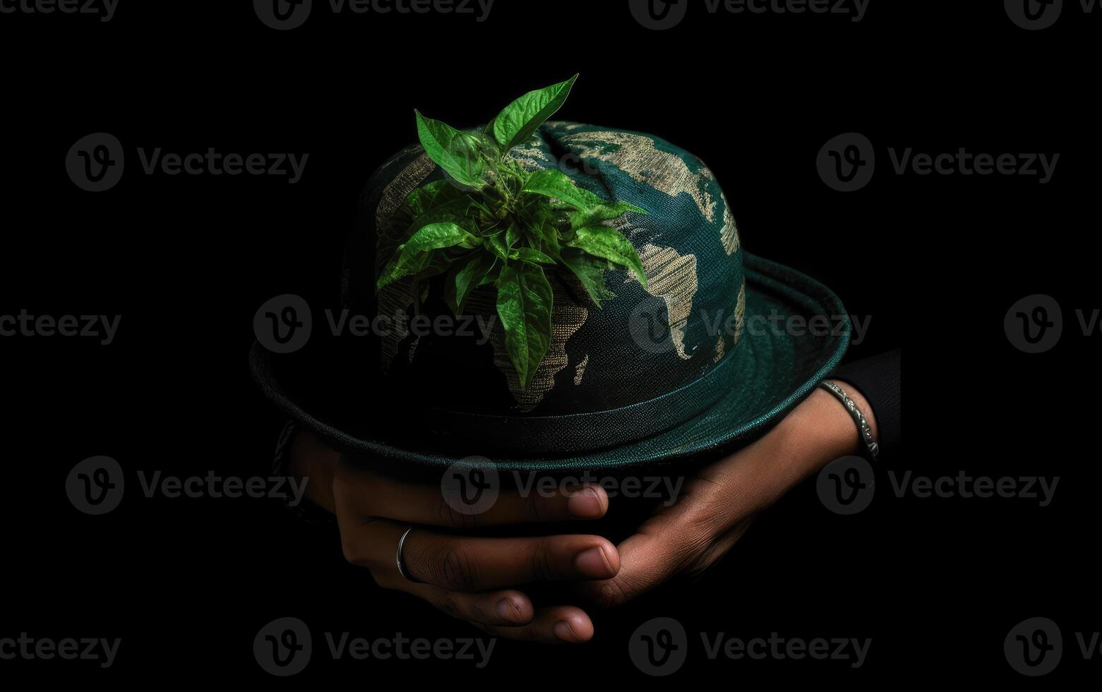Hands holding earth globe with green leaf on black background, Save the Earth concept. photo