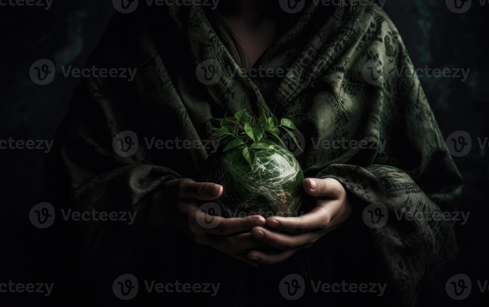 Hands holding earth globe with green leaf on black background, Save the Earth concept. photo