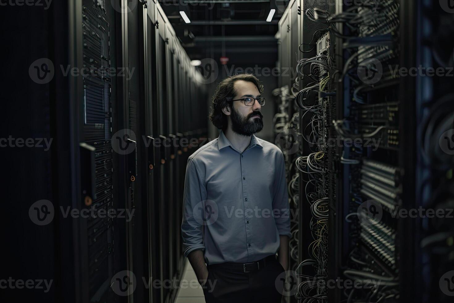 Male engineer in server room. Data center maintenance. photo