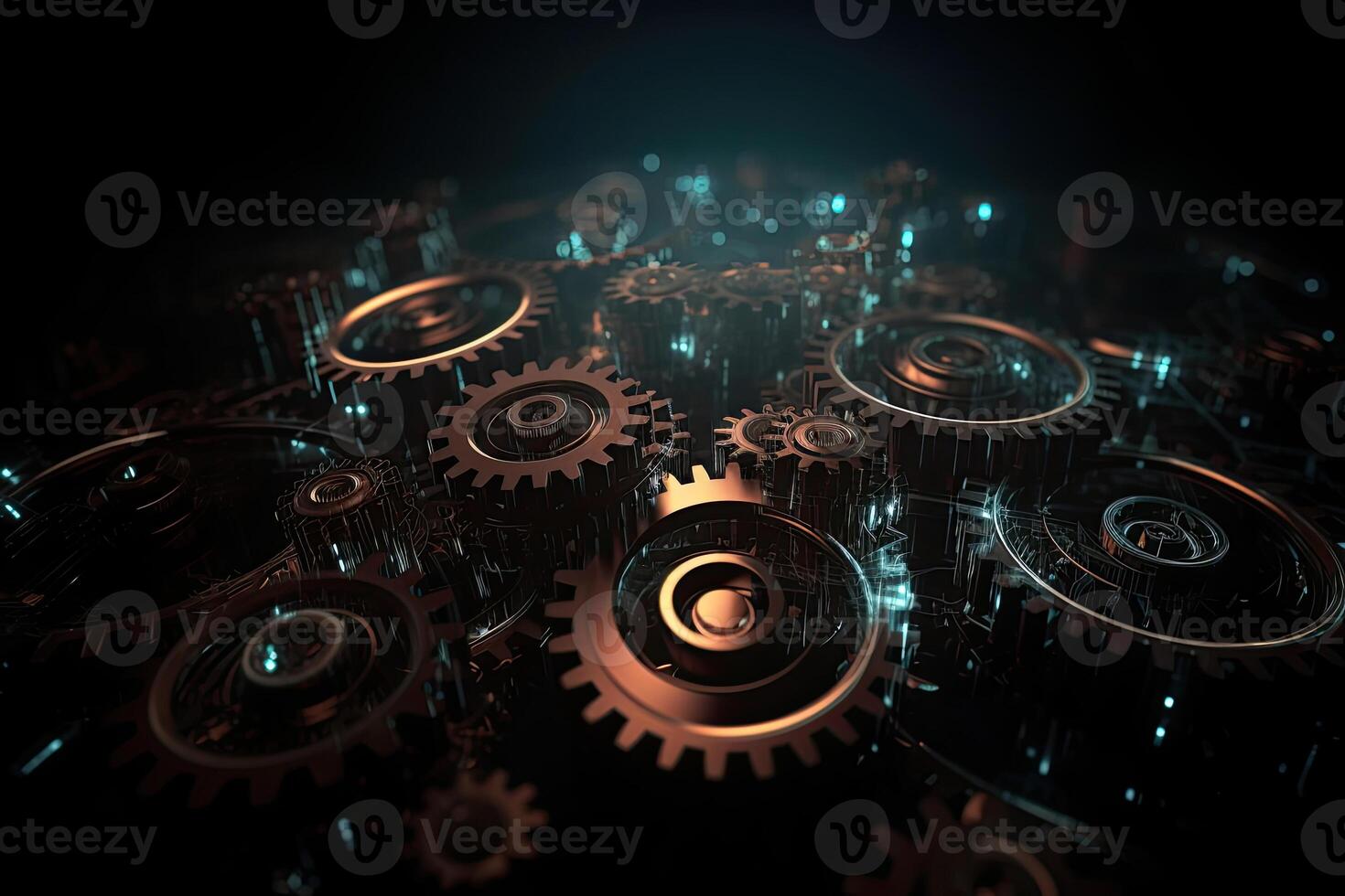 Digital gear wheels on circuit board. High technology engineering. photo
