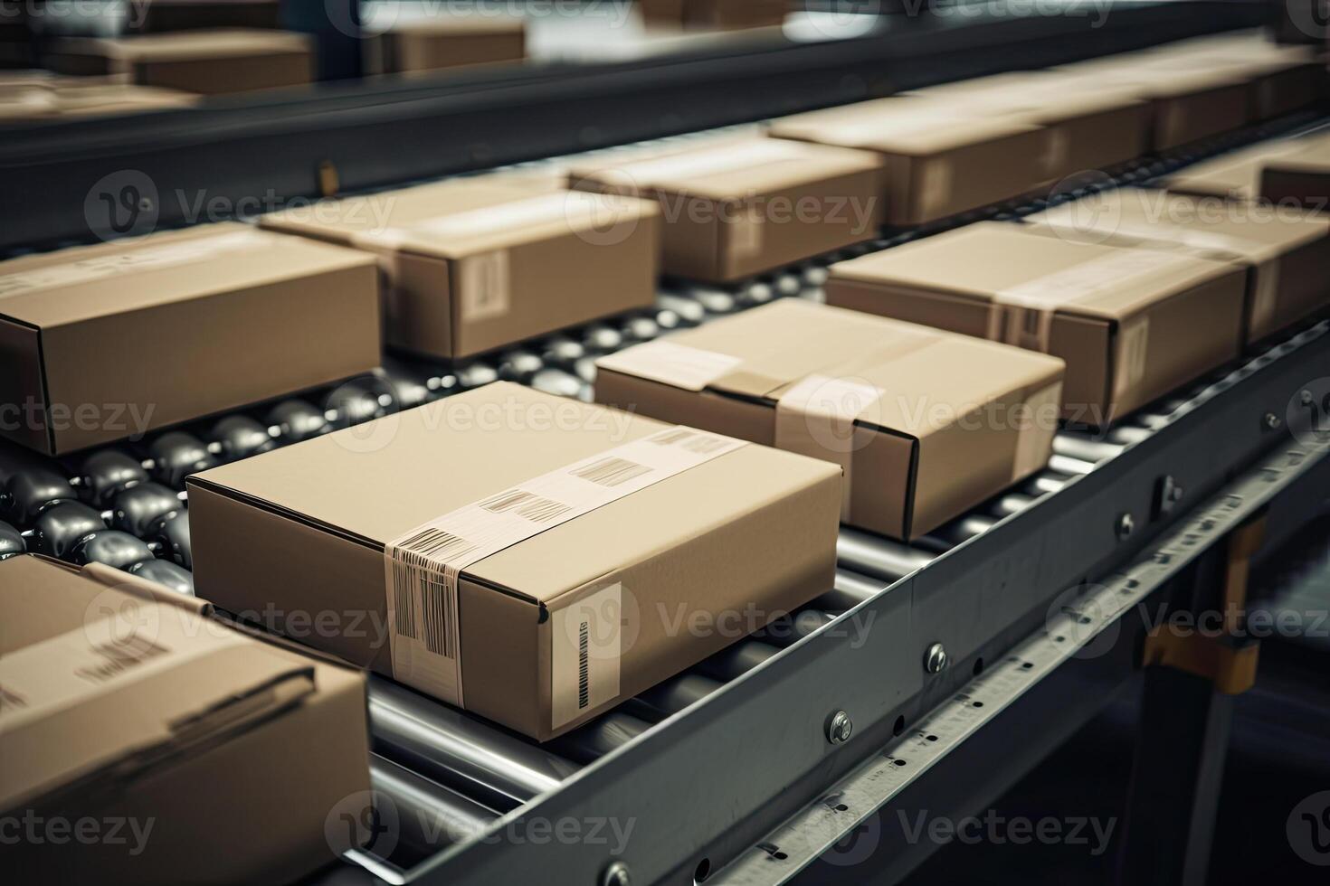 Automatic production line, conveyor belt with boxes. photo