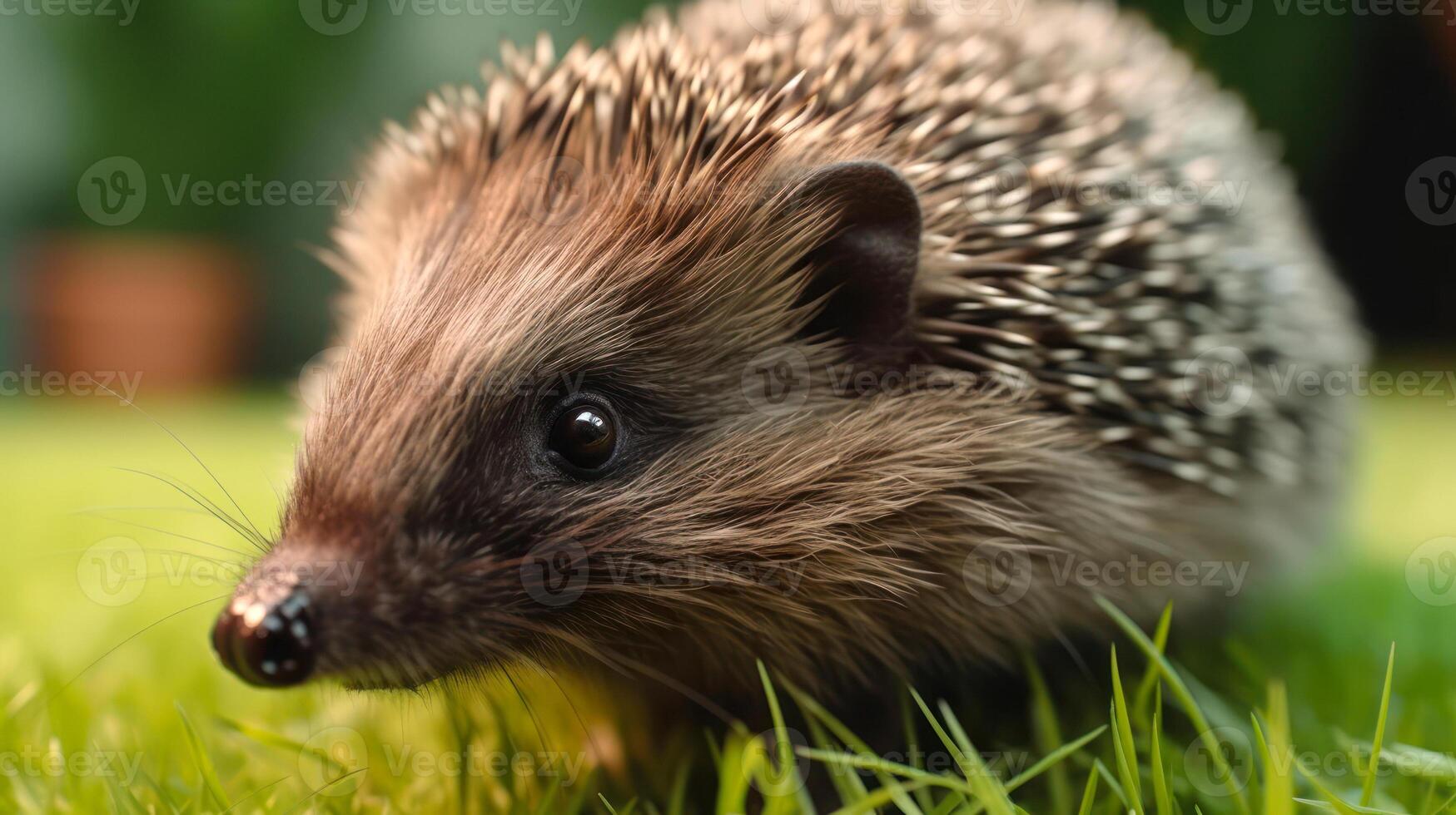 hedgehog on a green lawn photo