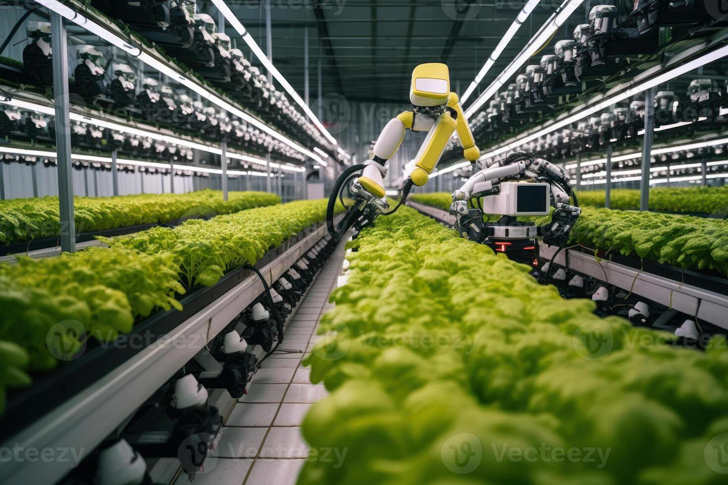 robotic arm harvesting green lettuce in a greenhouse photo