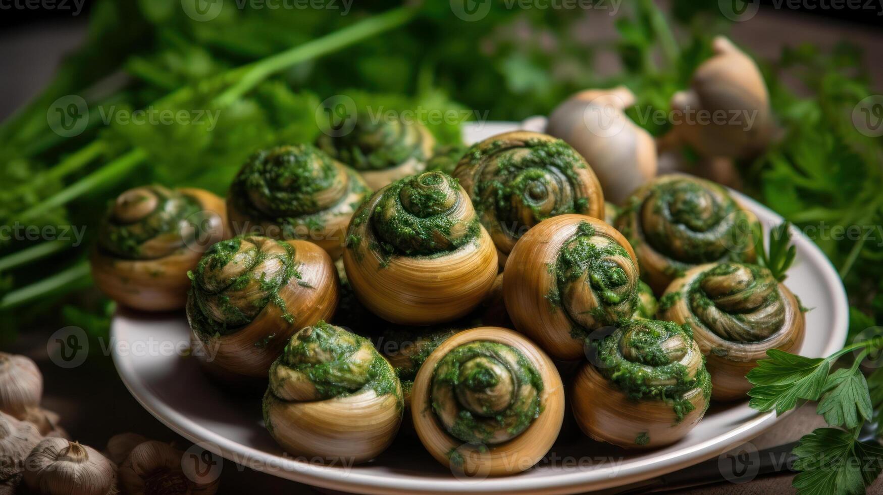 Caracoles con verduras francés cocina generativo ai foto