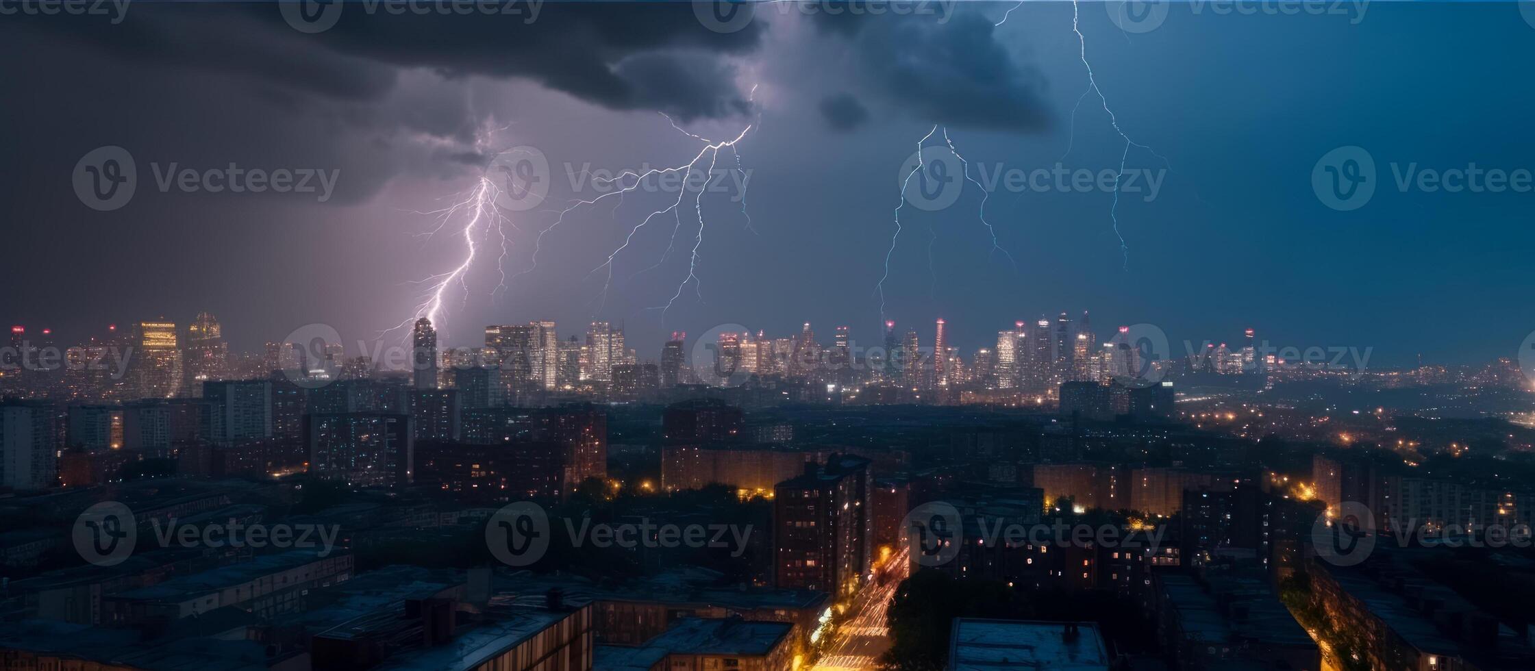 thunder and lightning in the night sky of the city photo