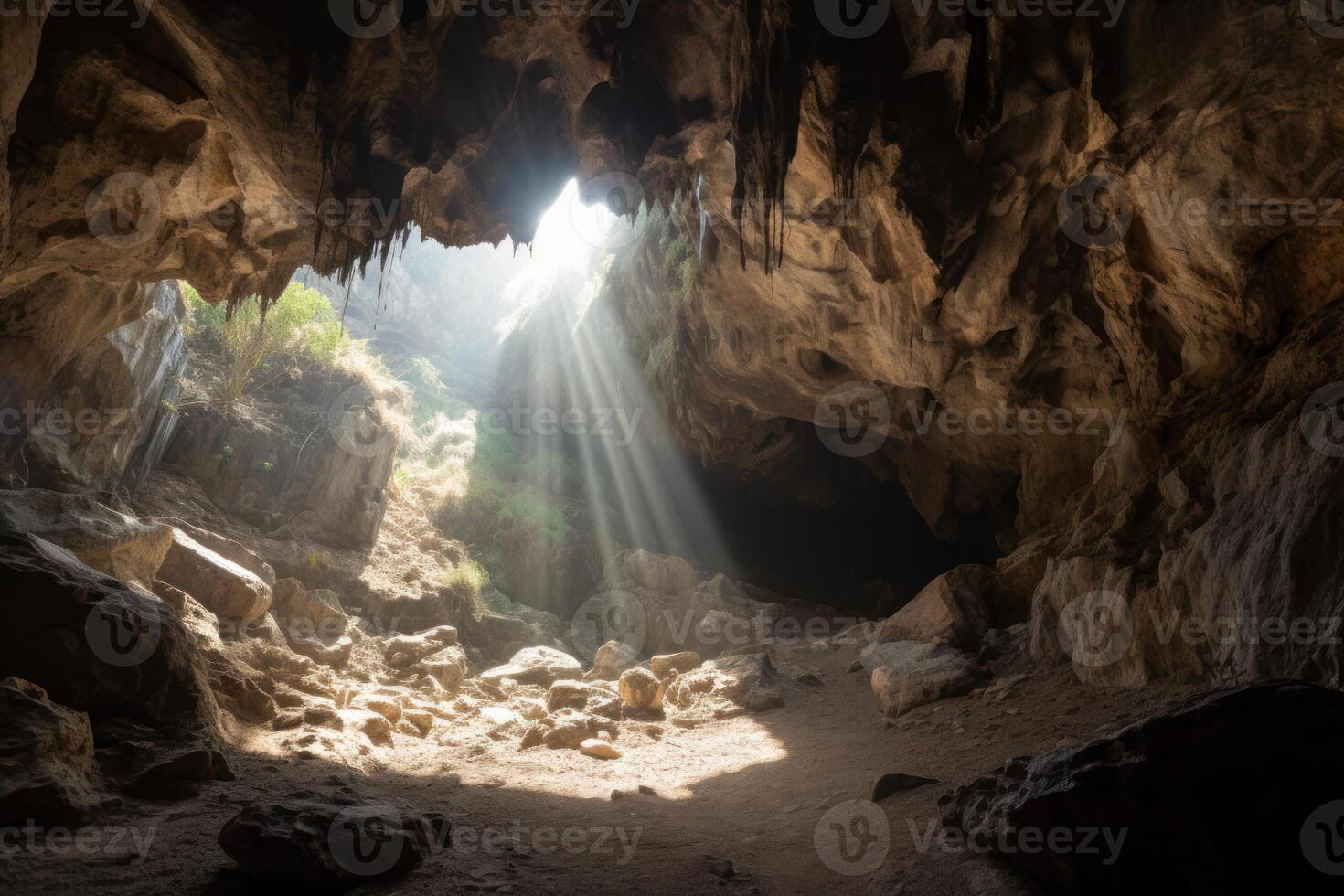 a beam of sun light illuminates the cave photo