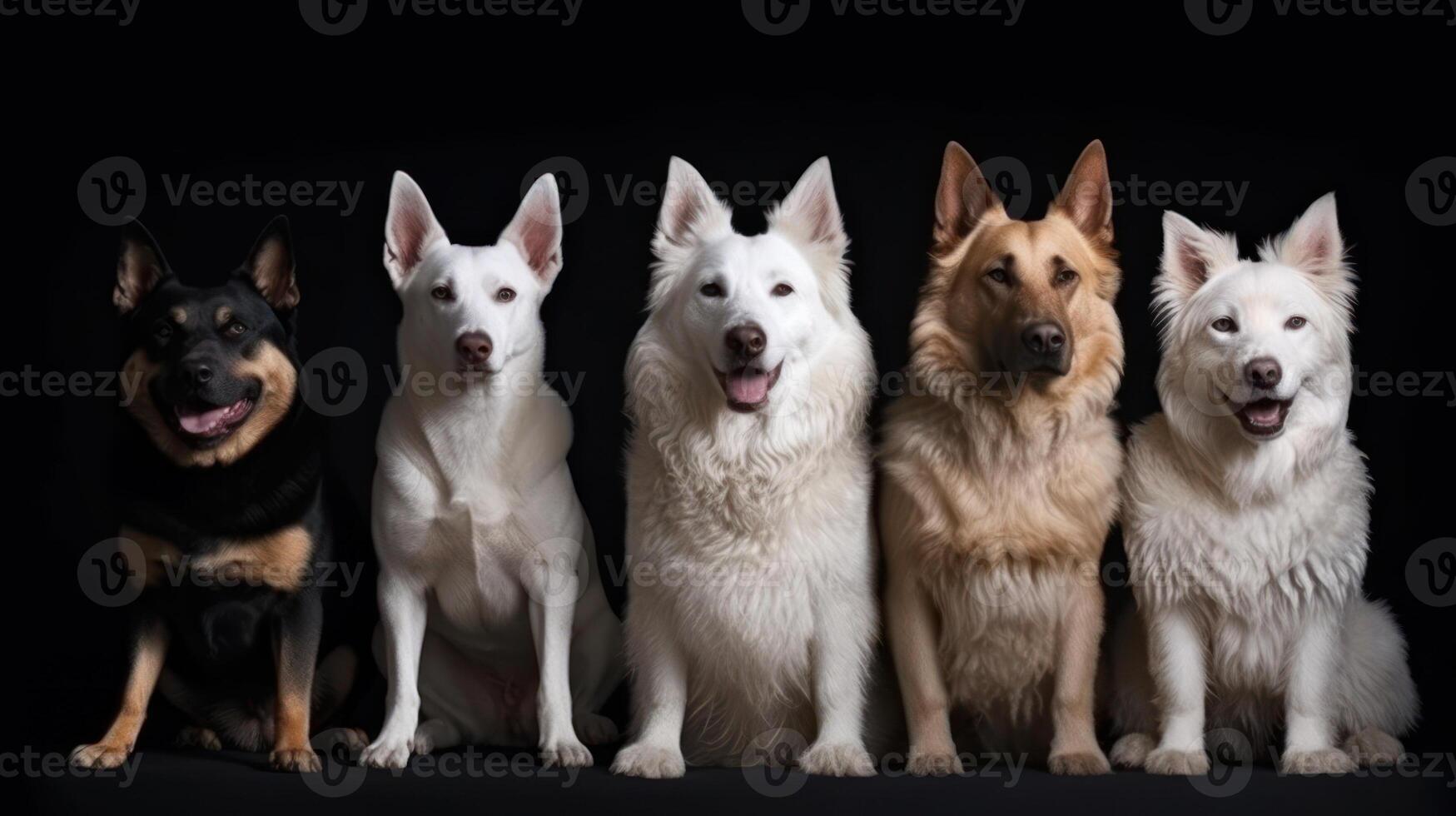 sentado entrenado perros de diferente razas en un negro antecedentes generativo ai foto