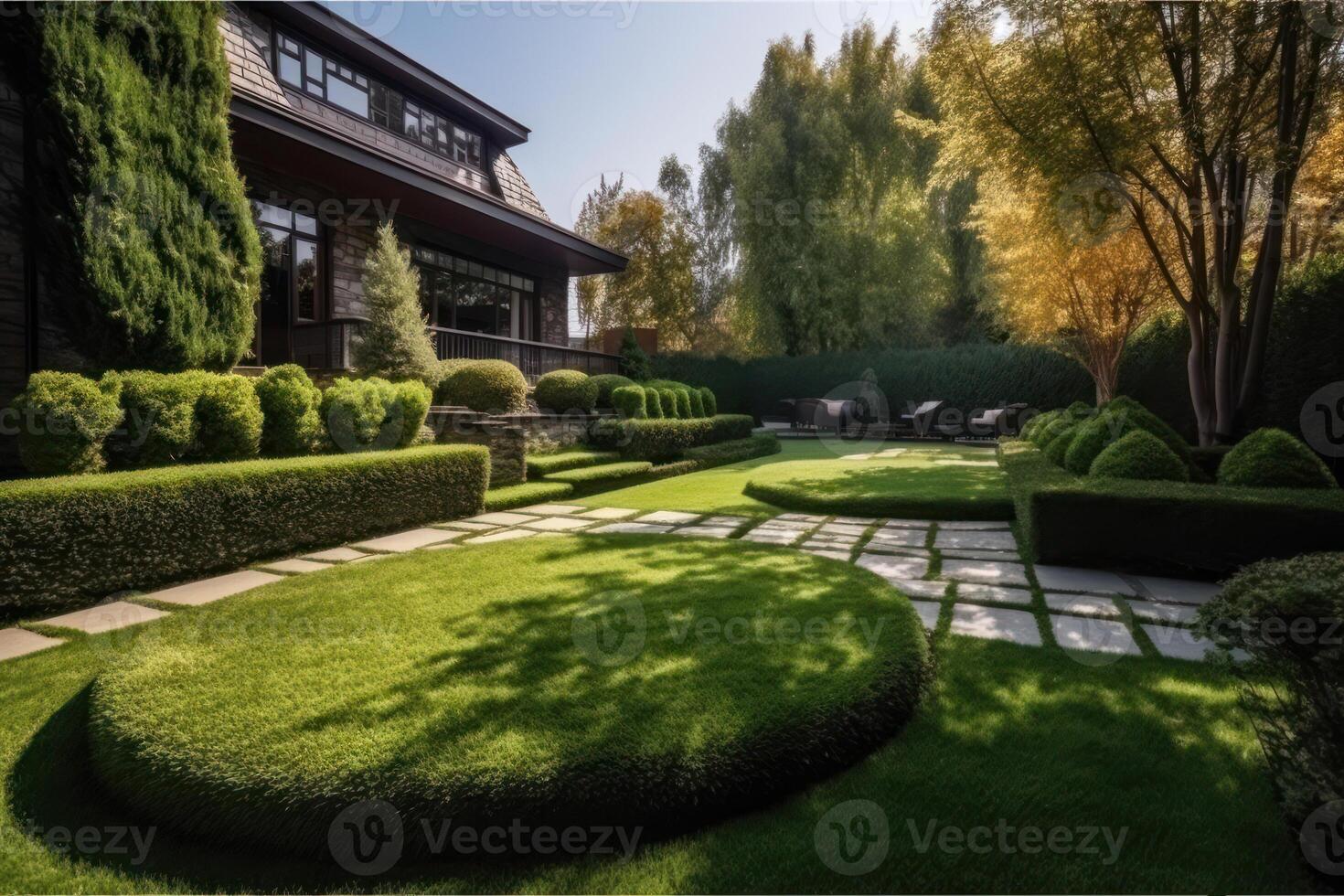 landscaping in the yard green trees and lawn photo