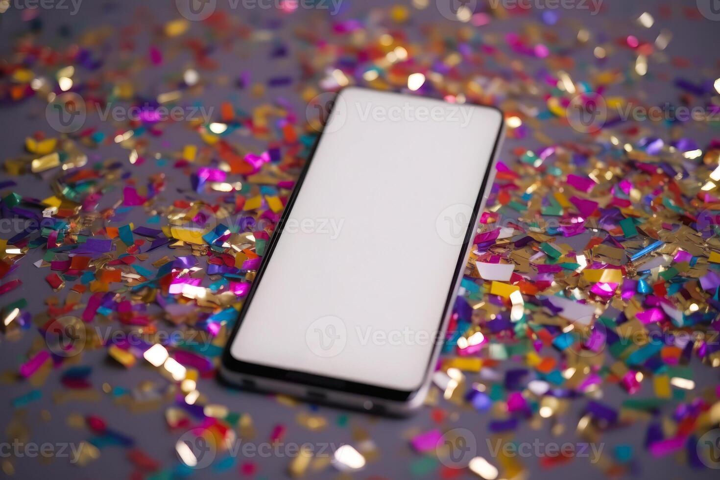 empty white phone touchscreen with copy space on festive confetti background photo