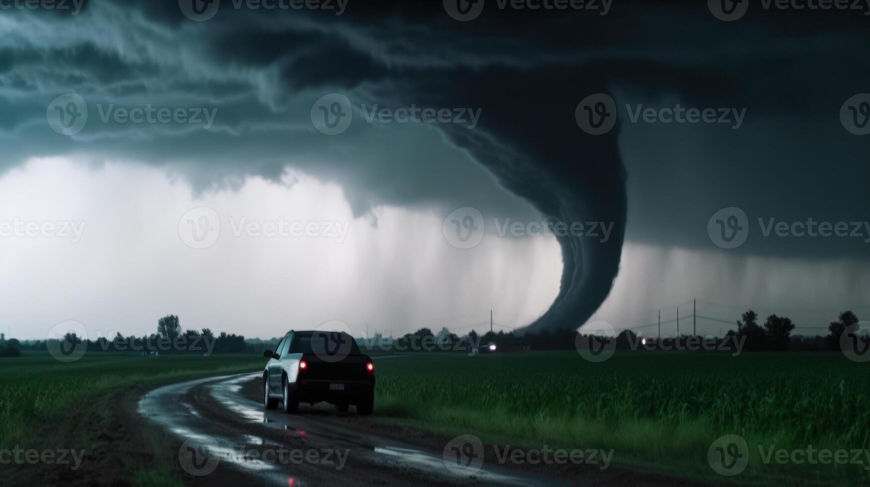 un oscuro nube con un tornado barre mediante el pueblo generativo ai foto