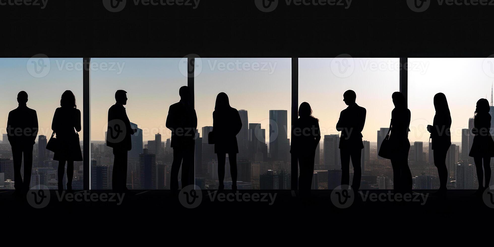 siluetas de negocio personas a el ventana de un de varios pisos rascacielos panorama generativo ai foto