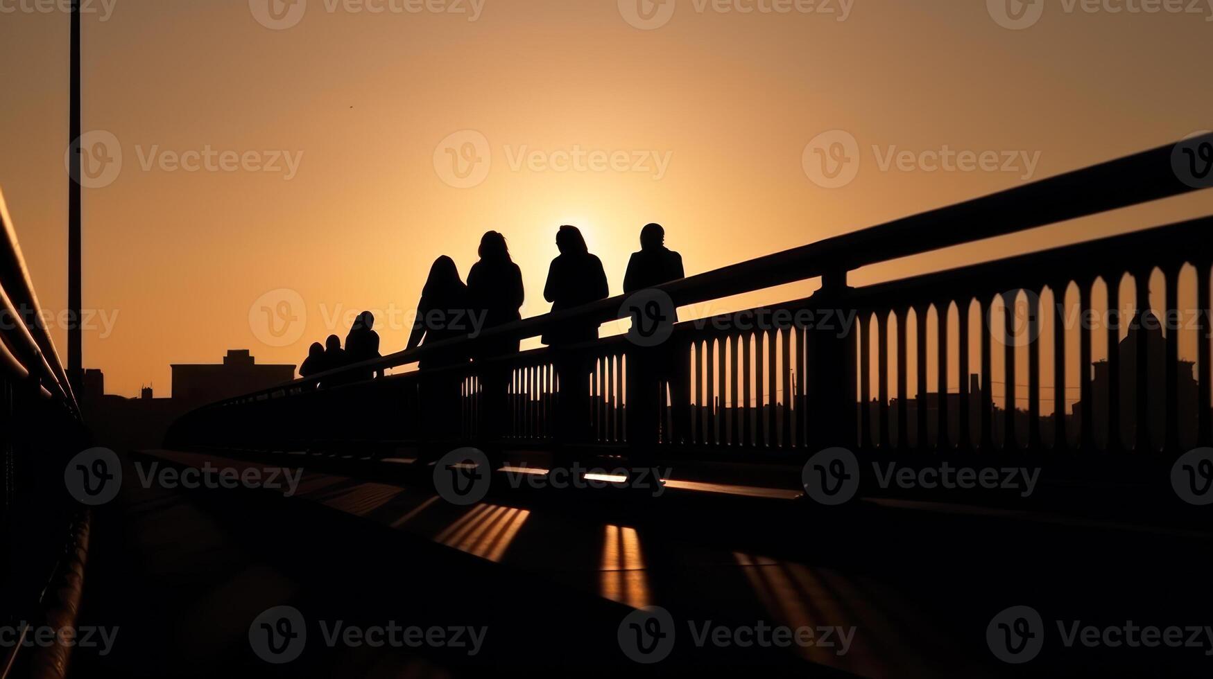 silhouettes people walking on the bridge on sundown background photo