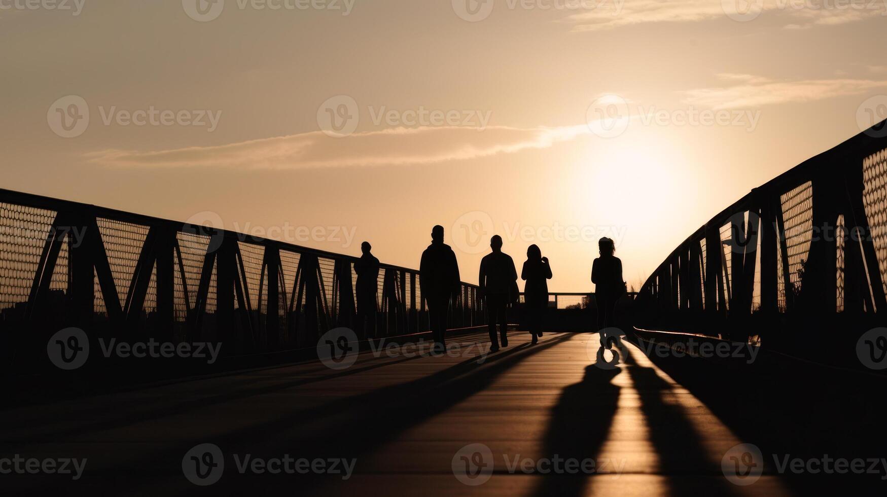 siluetas personas caminando en el puente en puesta del sol antecedentes generativo ai foto