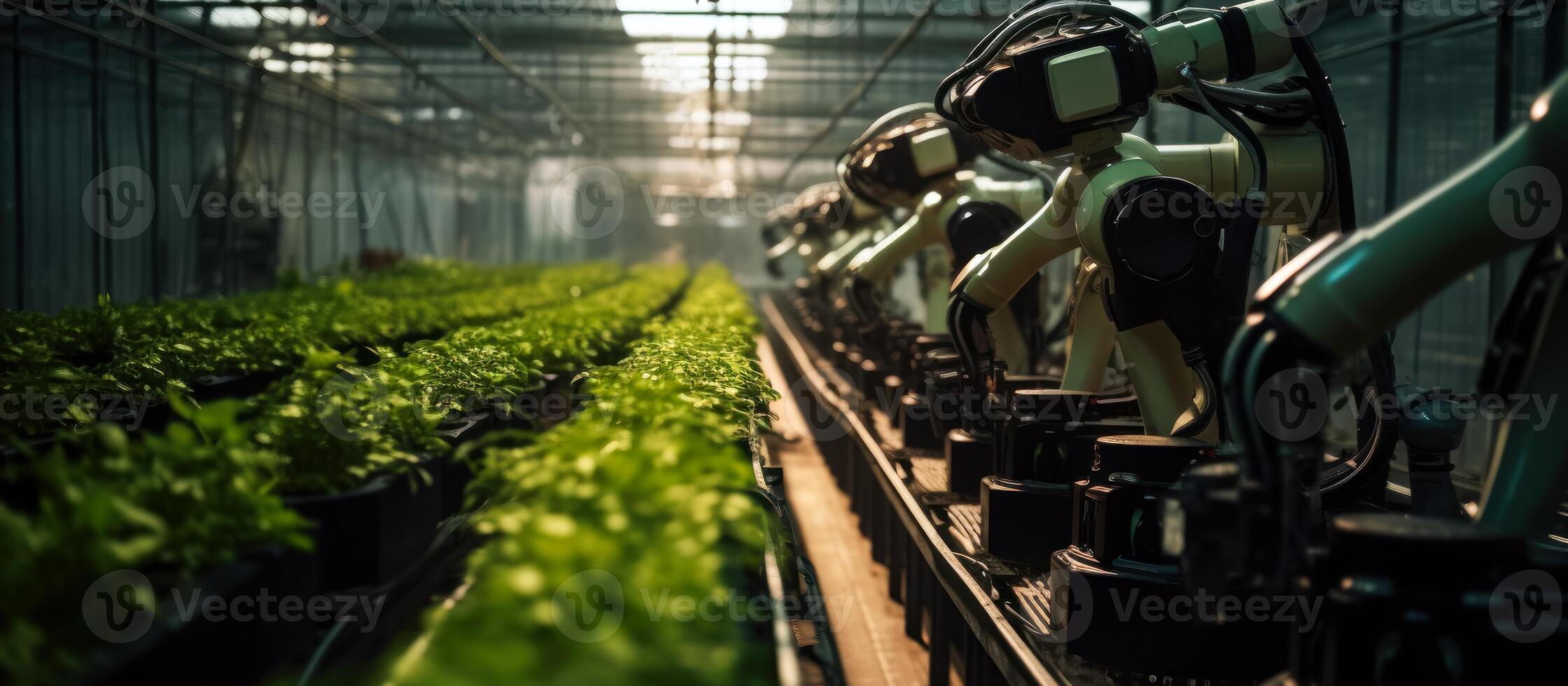 robotic arm harvesting green lettuce in a greenhouse photo