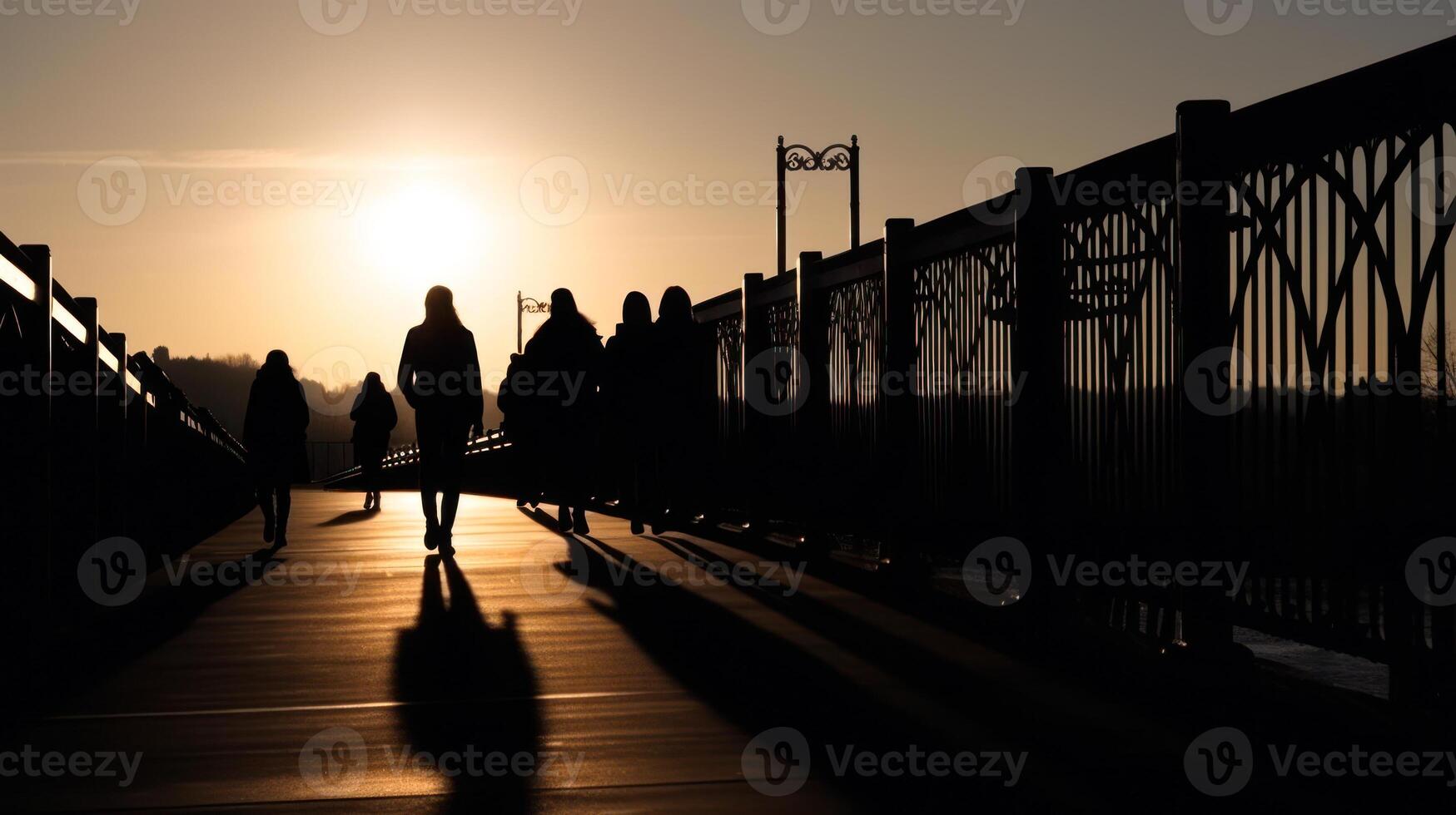 silhouettes people walking on the bridge on sundown background photo