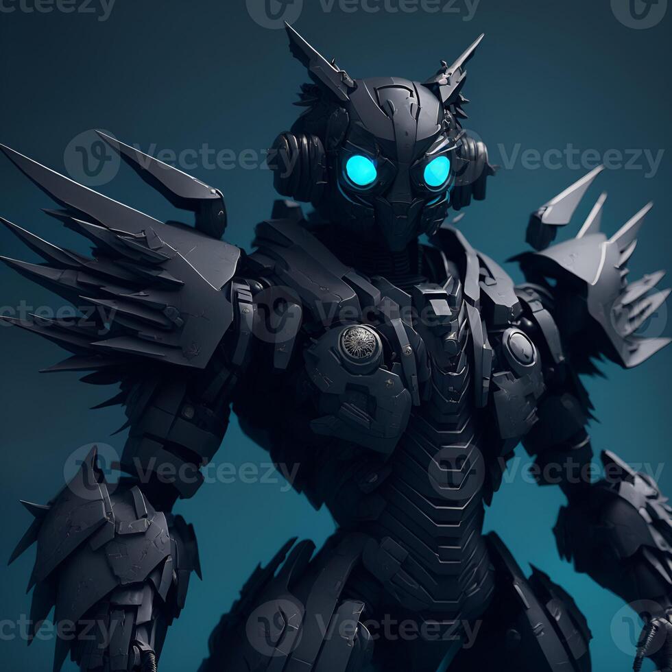 japanese animated black owl army cyan and black robot Content photo